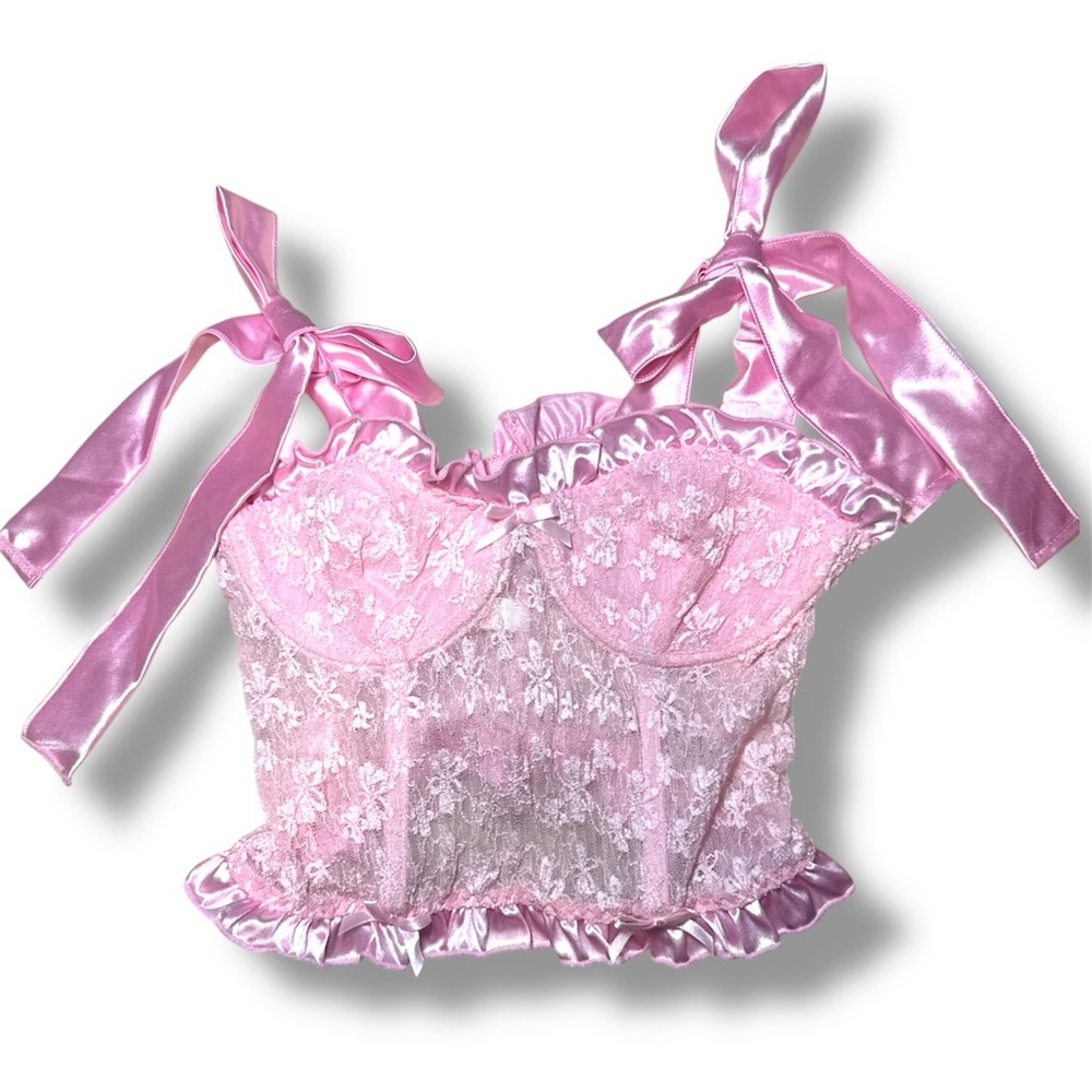 ROMWE Pink Lace Bustier with Satin Bows